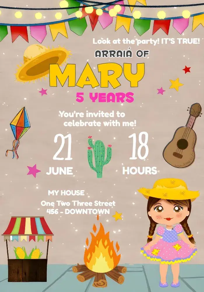Invitation Arraiá Menina – Commemorative Dates theme pink, June-themed, vibrant, fun-filled, folkloric, colorful