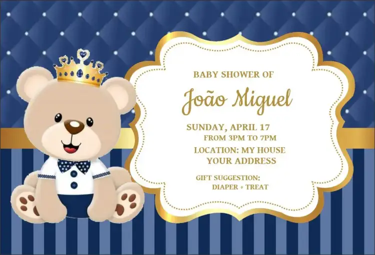 Invitation Prince Navy Blue Teddy Bear Baby Shower – Diaper Shower theme navy blue, gold, children's, royalty, teddy bear, modern