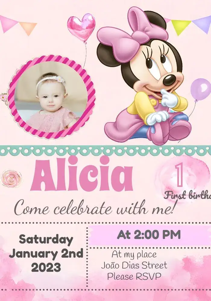 Invitation Minnie Mouse With Photo First Birthday – Most searched for theme pink, fun, childish, Disney-themed, colorful, cheerful