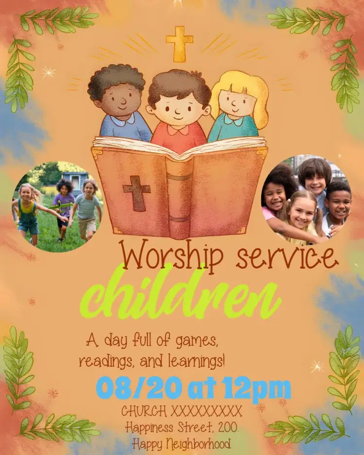 Invitation Art For Children's Worship With Church Photo – Commemorative Dates theme colorful, fun, gospel, child-friendly illustrations, vibrant, cheerful