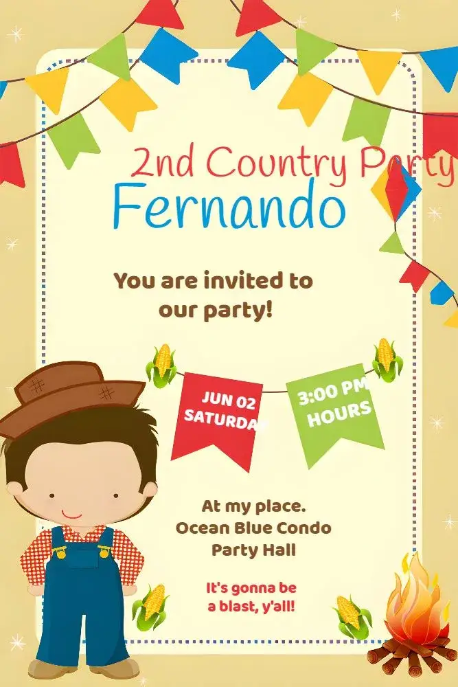 Invitation São João Red Arraiá – Commemorative Dates theme colorful, vibrant, traditional, festive, rustic