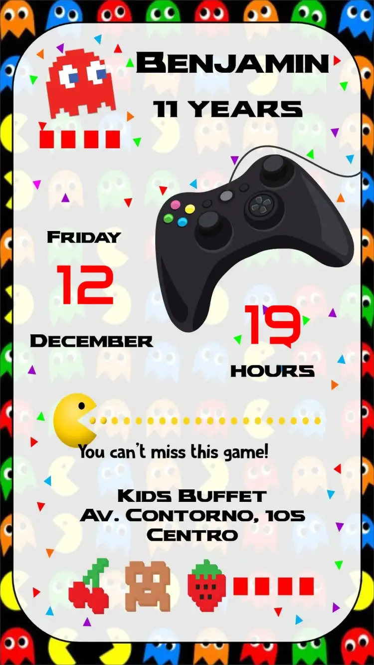 Invitation Video Game – Birthday theme vibrant colors, modern style, game graphics elements, fun design, inspired by video game consoles