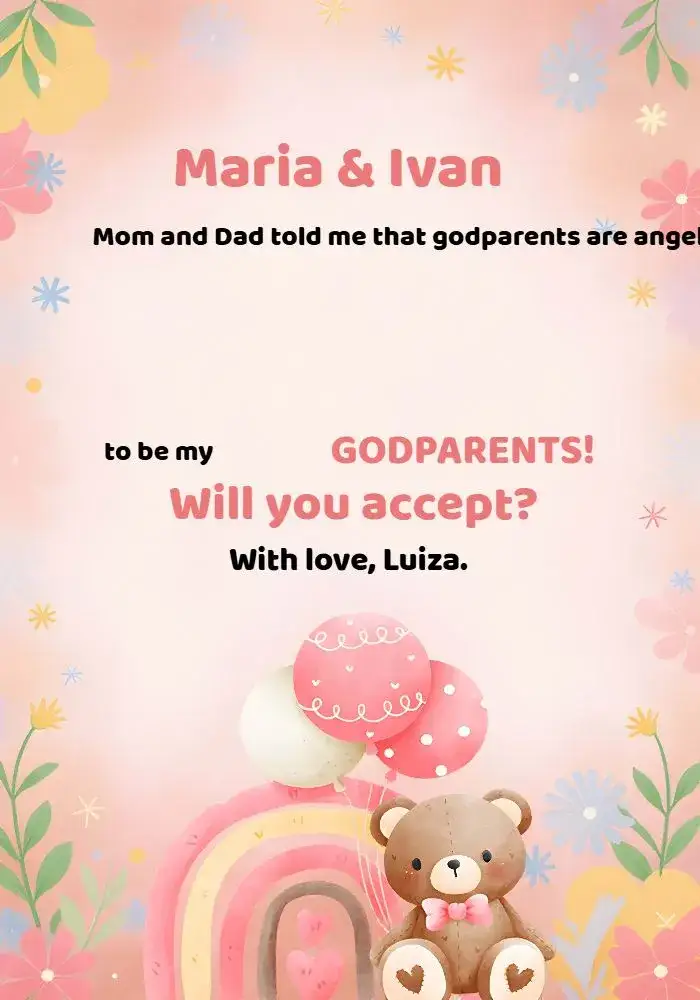 Invitation For Godparents Baby Bear – Baptism theme delicate, watercolor, pink, childlike, cute