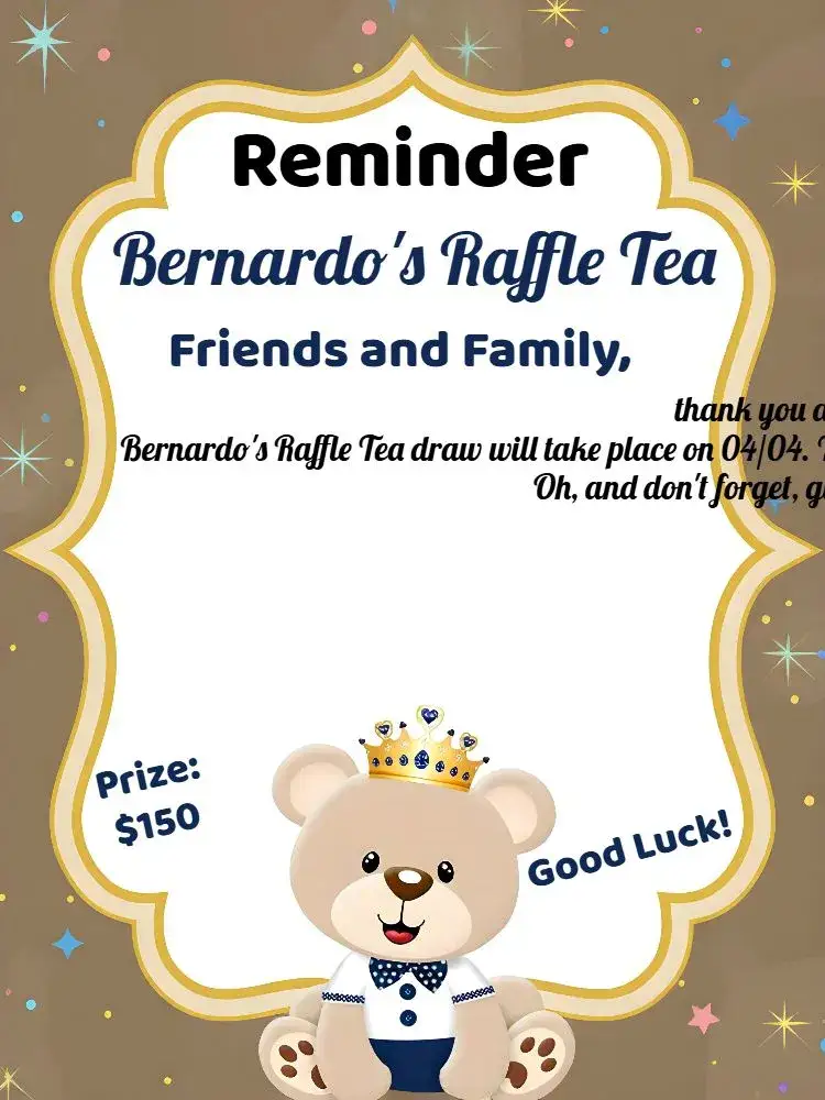 Invitation Reminder Of Tea Raffle Prince Teddy Bear Charge – Raffle Tea theme teddy bear, blue, golden, white, modern