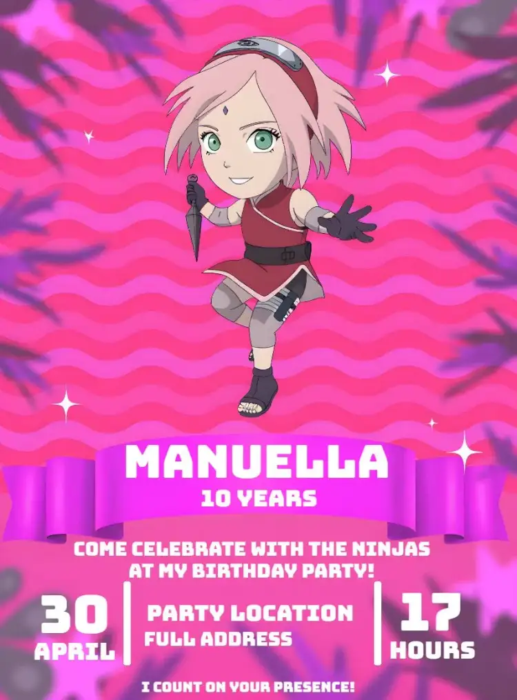Invitation Sakura Chibi Anime – Kids' Birthday Party theme soft colors, anime style, graphic drawing elements, Sakura theme, chibi design, colorful aesthetic