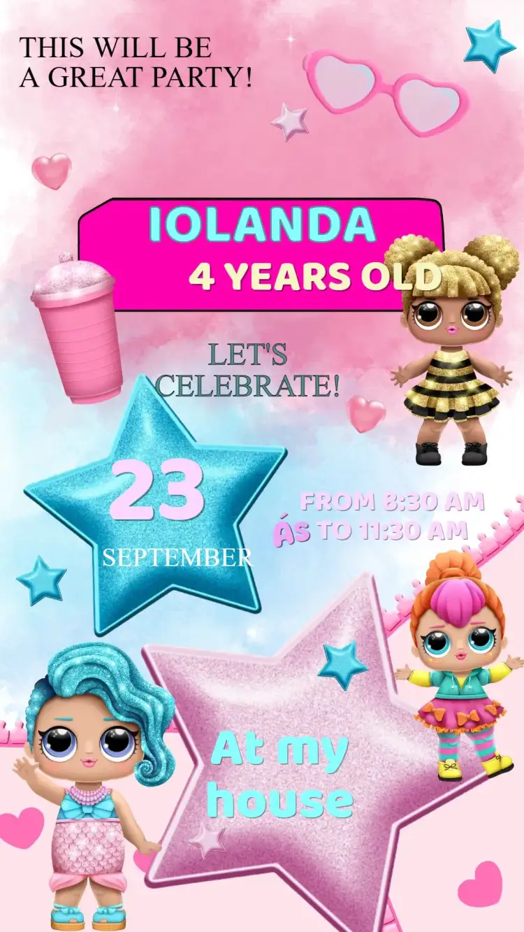 Invitation Loll Birthday Invitation – Kids' Birthday Party theme pink, glitter, doll, fashion, fantasy