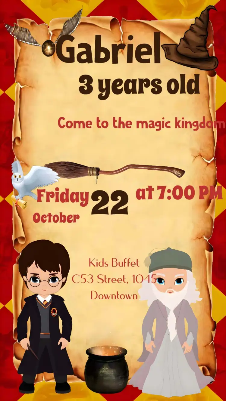 Invitation Harry Potter – Kids' Birthday Party theme magic, fantasy, witchcraft, vibrant colors, charming illustrations, Harry Potter universe elements