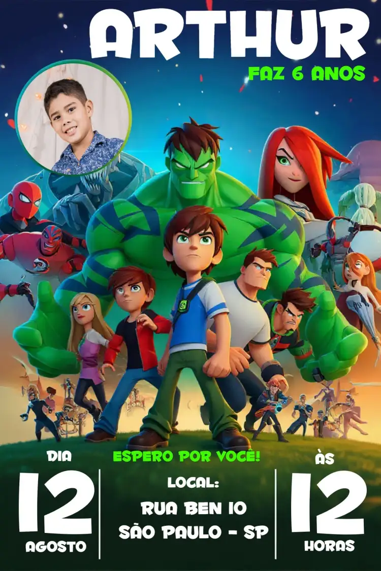 Invitation Ben 10 With Black Photo – Kids' Birthday Party theme black, green, modern, themed, fun