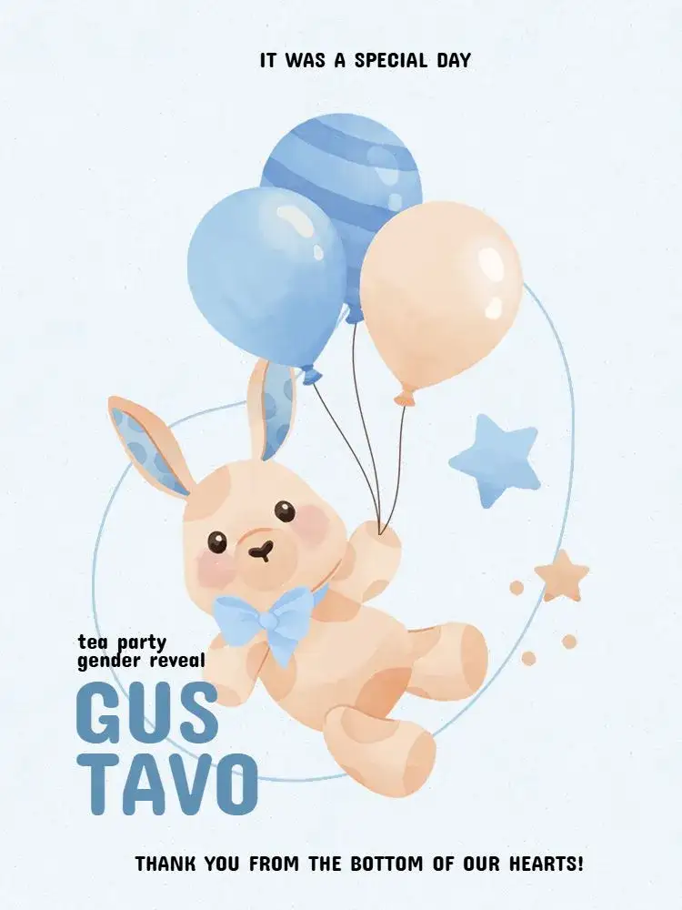 Invitation Thank You Card Presence Bunny Event Reveal Party – Card theme playful, childlike, blue, rabbit, balloons, star