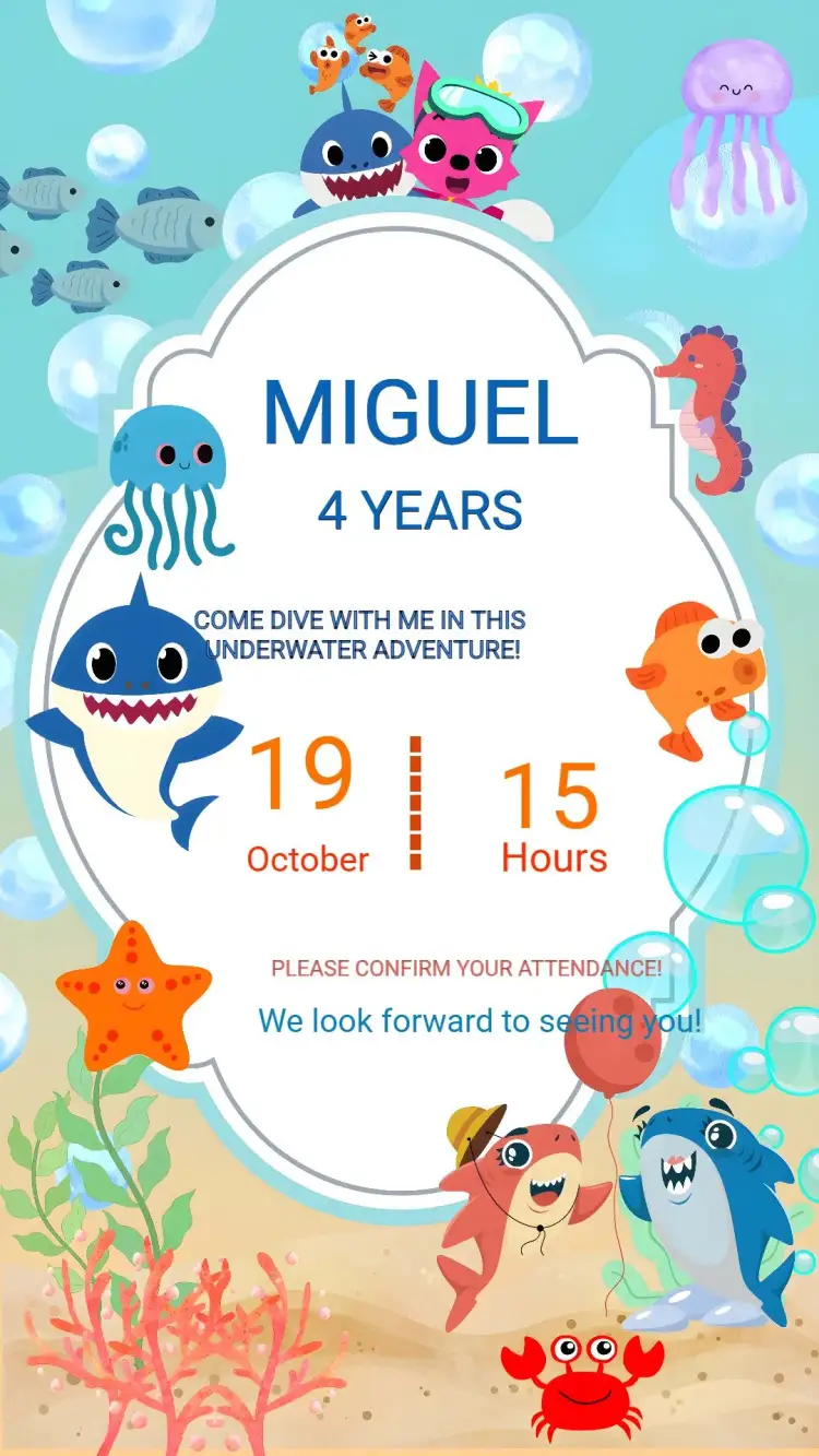 Invitation Under the Sea Horse – Kids' Birthday Party theme navy, blue, vibrant, playful, colorful, themed