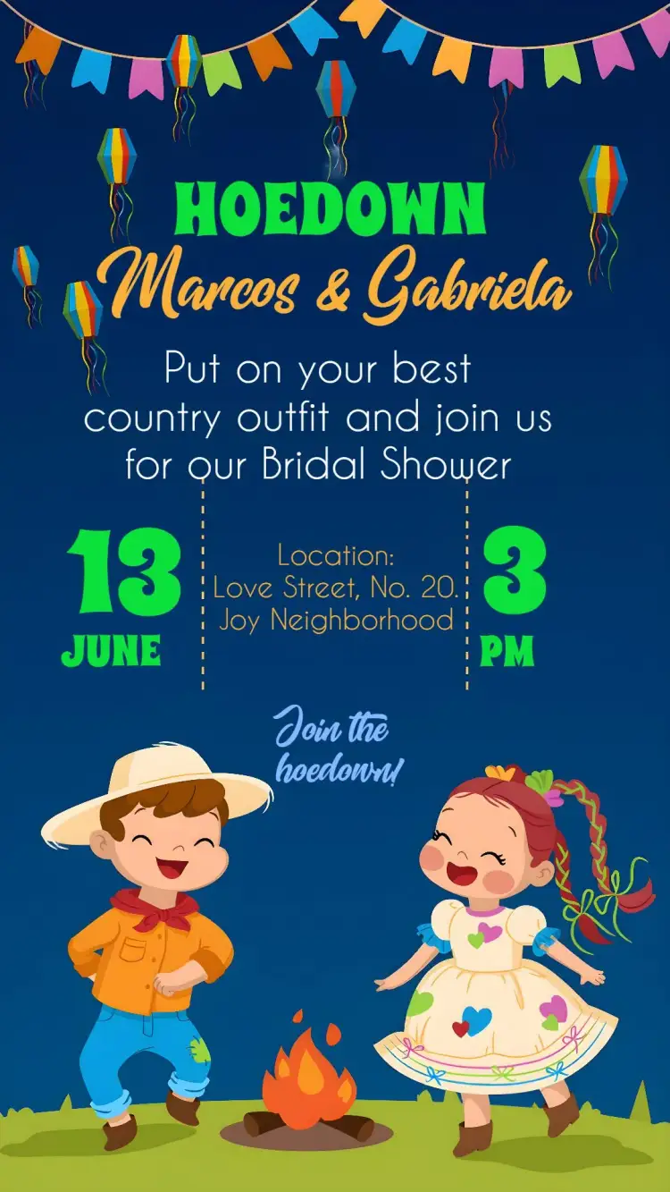 Invitation Charraiá Junino Arraia – Bridal Shower theme junino, hillbilly, colorful, traditional, festive, vibrant