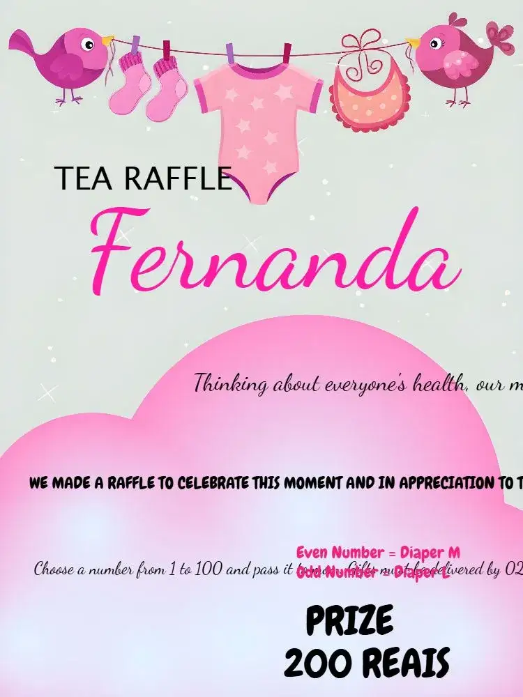 Invitation Chá Rifa Clothesline Pink – Raffle Tea theme pink, black, white, fun, clouds, stars