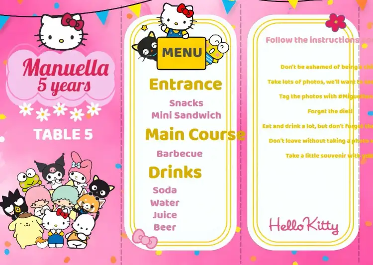 Invitation Menu Triangle Hello Kitty Gang Triangle – Kids' Birthday Party theme colorful, fun-filled, childish, themed, playful, contemporary