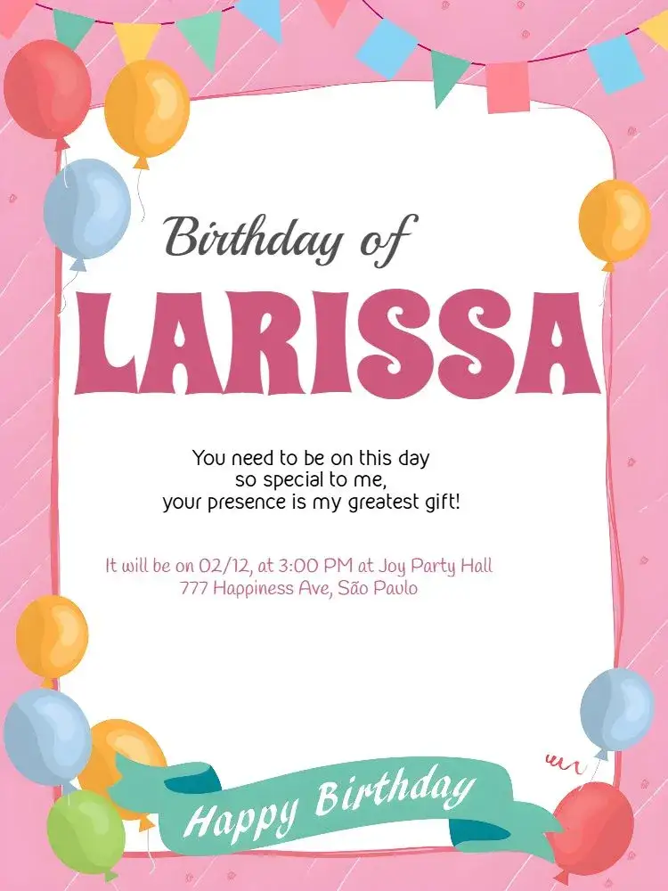 Invitation Pink Children's Party with Colorful Balloons – Most searched for theme pink, colorful, fun, childlike, festive