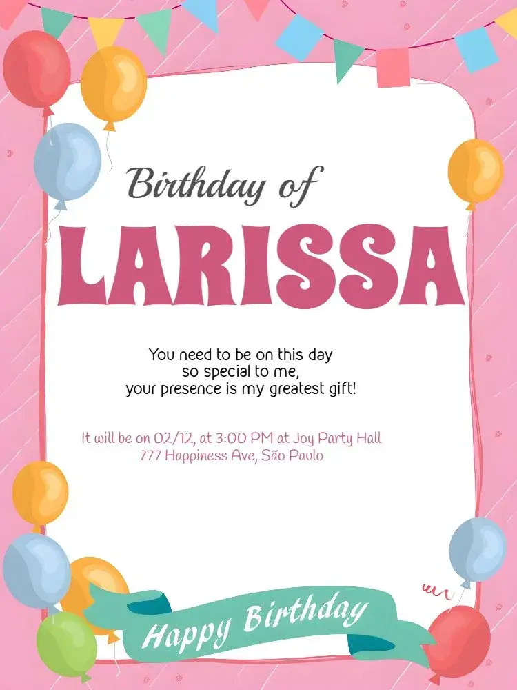 Pink Children's Party with Colorful Balloons invitation