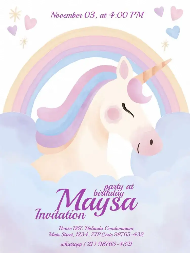 Invitation Watercolor Colorful Unicorn – Kids' Birthday Party theme aquarela, colorful, playful, delicate, feminine, fantasy