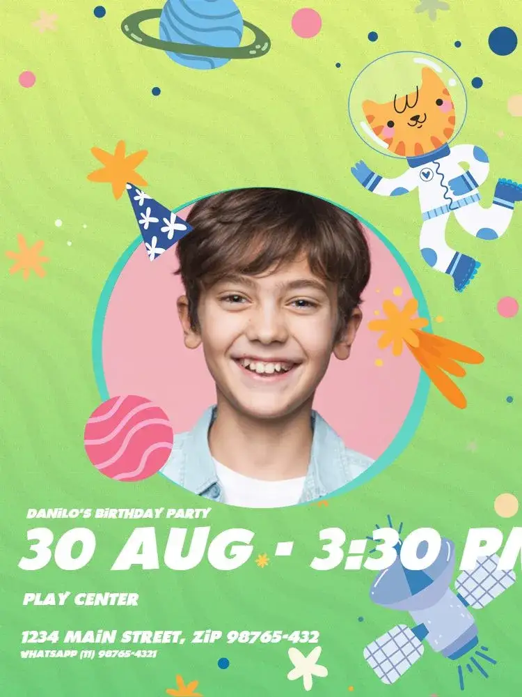 Invitation Infant Boy Green Cat Photo – Kids' Birthday Party theme playful, colorful, fun, modern, childlike, themed