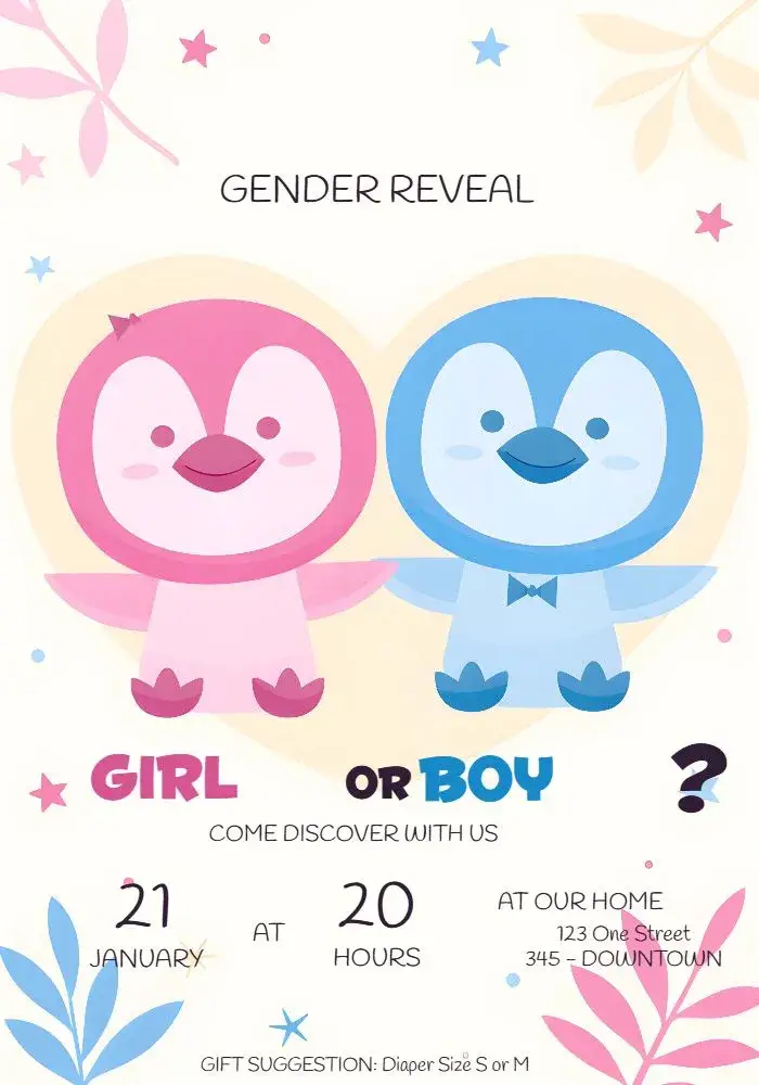 Penguins Pink Gender Reveal Tea invitation
