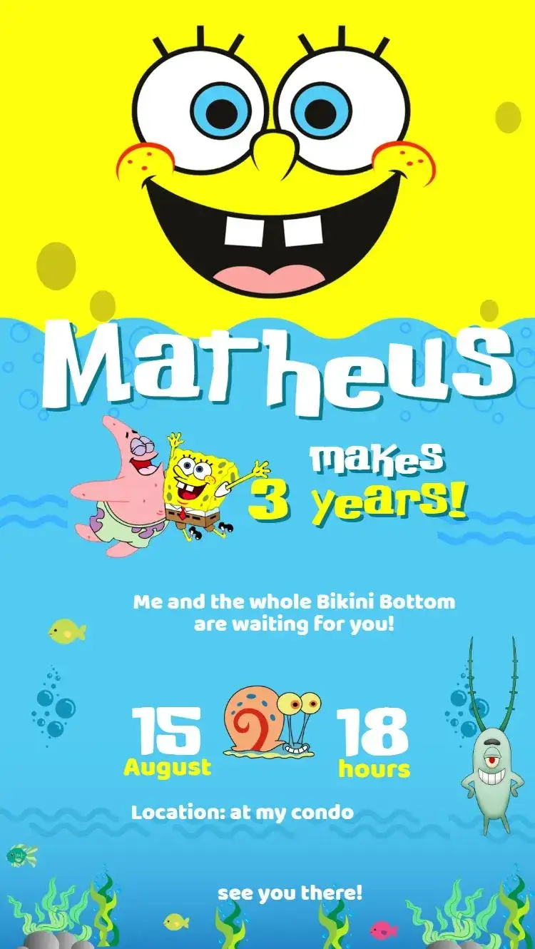 Invitation SpongeBob – Kids' Birthday Party theme vibrant colors, cartoon style, underwater elements, cartoon-inspired, fun design, cheerful style