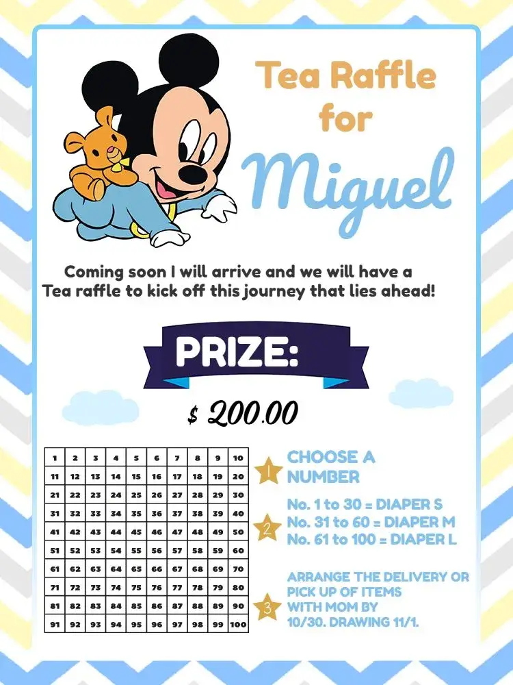 Blue Mickey Mouse Baby Raffle Tea invitation