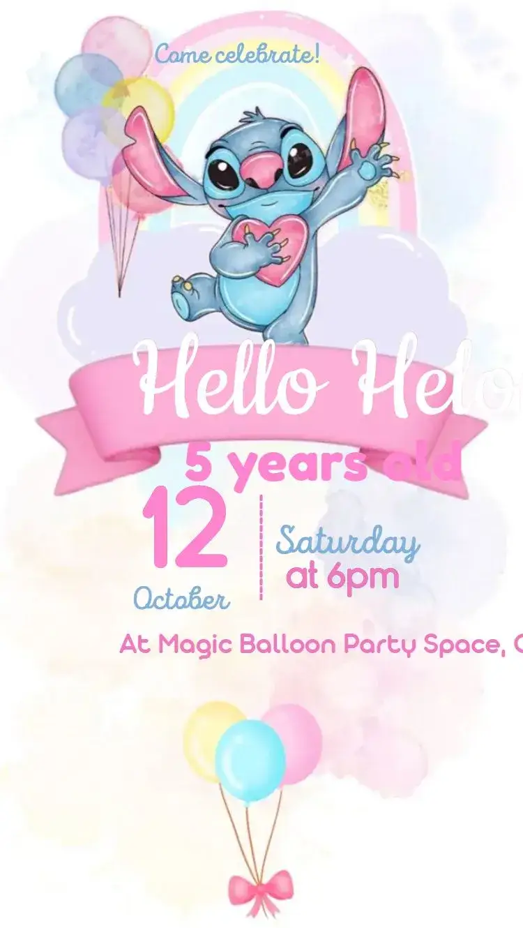 Invitation Stitch pink with rainbow – Most searched for theme pastel, aquarela, infantil, colorido, lúdico, divertido