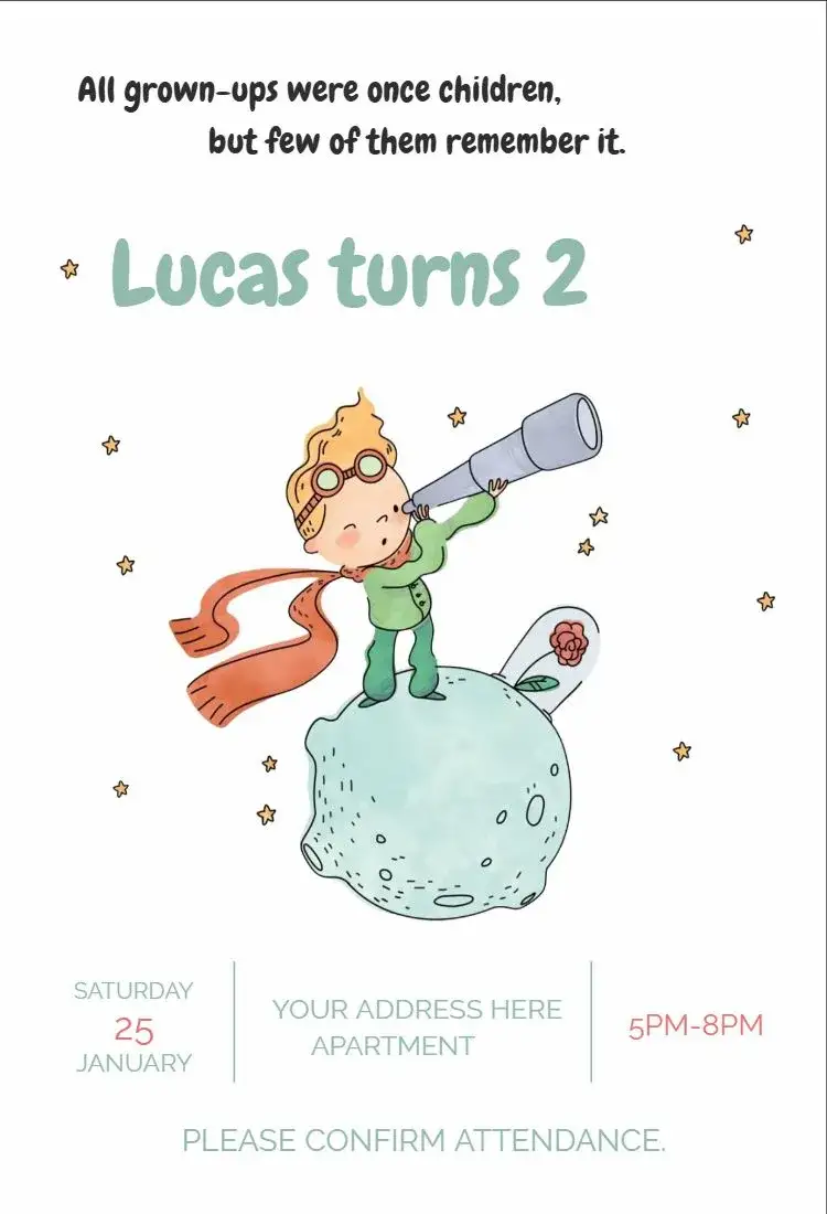 Invitation The Little Prince – Kids' Birthday Party theme watercolor, playful, soft tones, childlike, colorful, illustrations