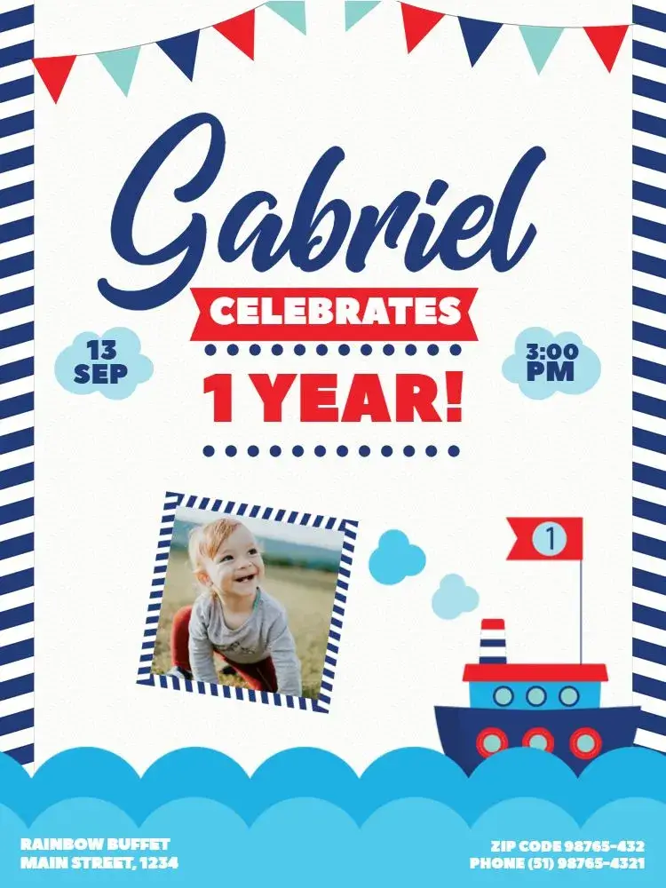 Invite 1 Year Old Sailor Cloud Theme editable and customizable