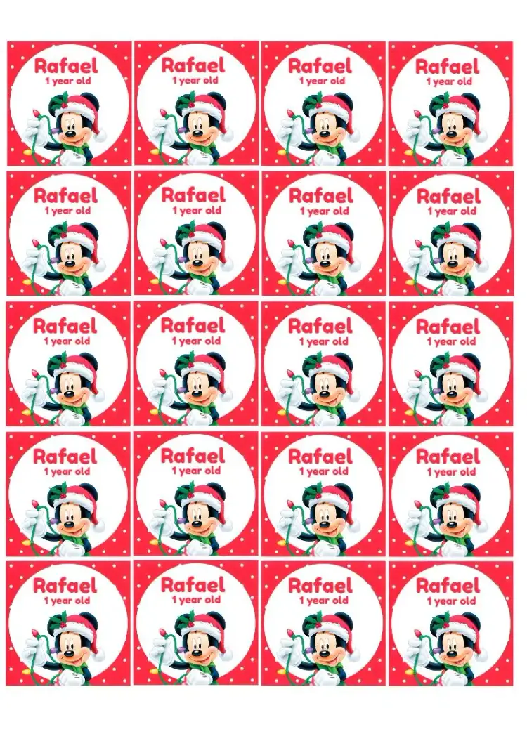 Invitation Christmas Mickey Mouse 5cm Square Sticker – Commemorative Dates theme red, festive, childish, cartoonish, fun