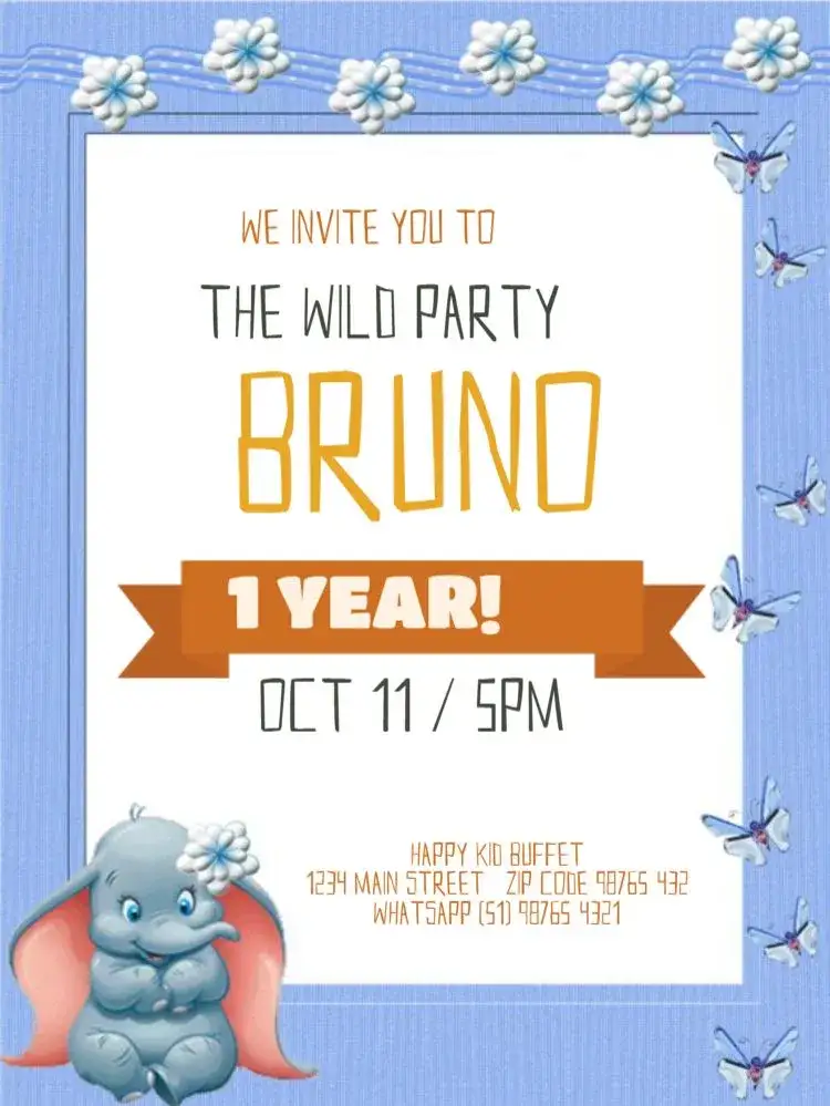 Invitation Elephant 1 Year To Edit Beige – Kids' Birthday Party theme safari, animals, light colors, playful, fun, tropical