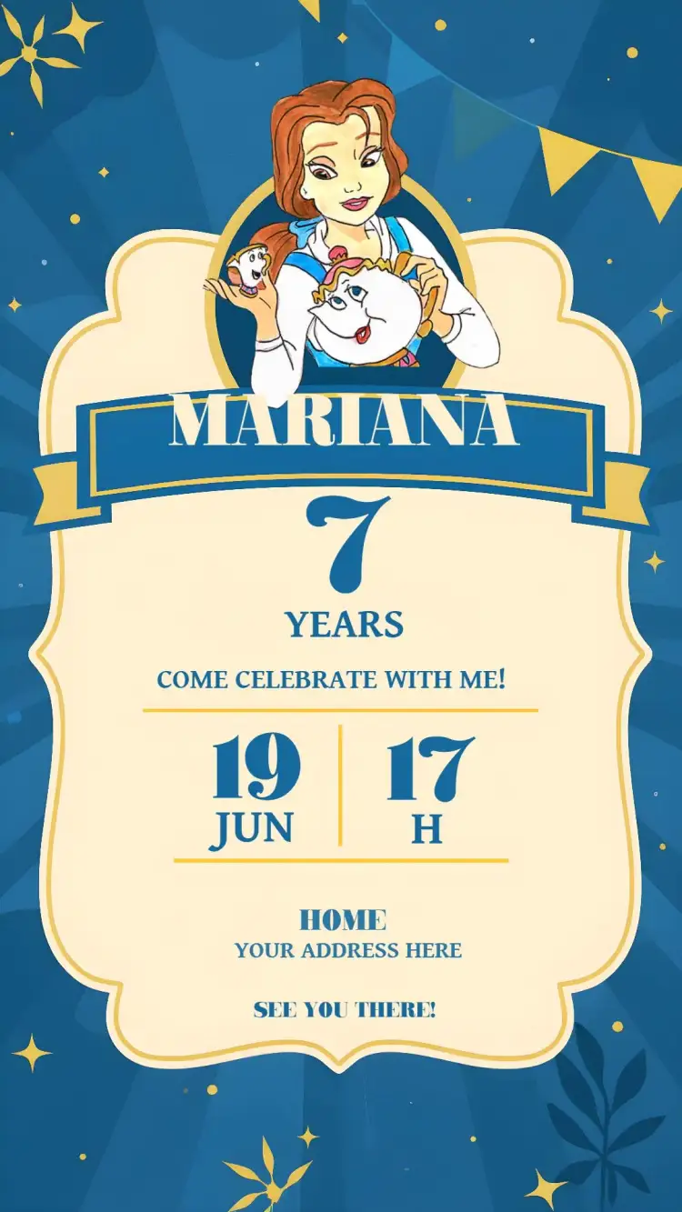 Invitation The Beauty And The Beast Kids – Baptism theme blue, Disney, children's, magical, playful