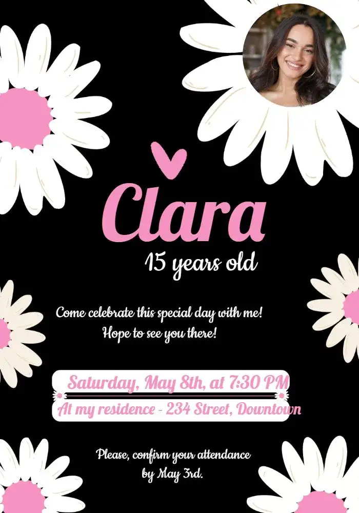 Invitation Daisies With Photo Roses – Birthday theme floral, romantic, colorful, modern, elegant, feminine