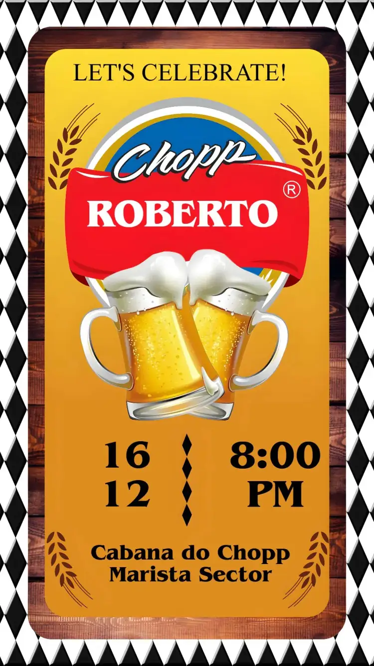 Invitation Boteco Bar – Birthday theme pub style, colorful, beer illustrations, barbecue elements, casual design, festive atmosphere