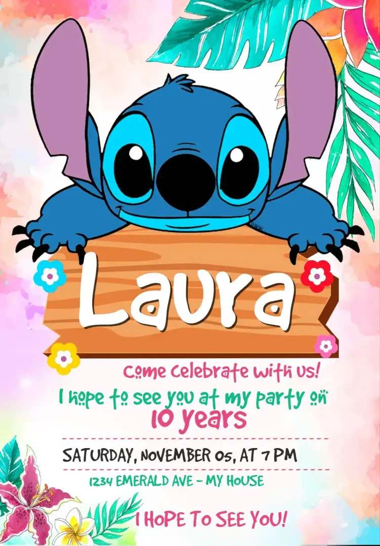 Invitation Stitch Birthday Invitation – Kids' Birthday Party theme colorful, themed, fun, carnival, tropical, animals
