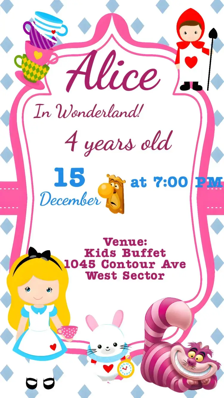 Invitation Alice in Wonderland – Kids' Birthday Party theme colorful, fantasy-themed, playful, vintage-style, fun illustrations, magical