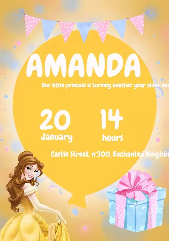 Invitation The Beauty And The Beast Princess – Baptism theme yellow, Disney, princess, playful, colorful, charming illustrations