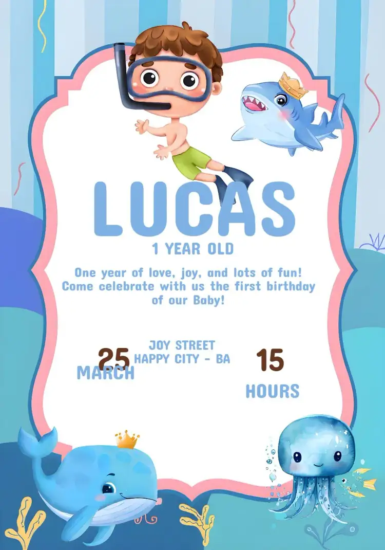 Invitation Under the Sea Boy Blue – Kids' Birthday Party theme under the sea, blue, fun, themed, nautical, childlike