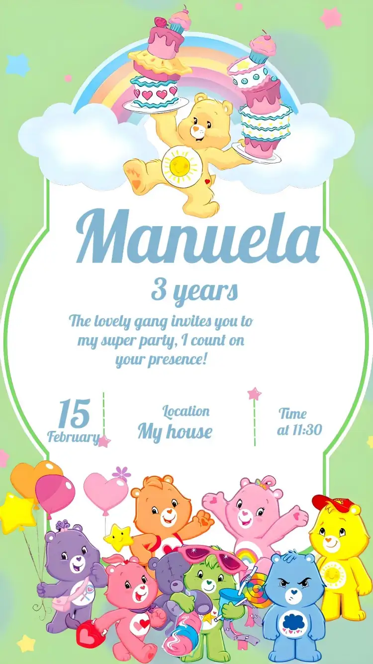 Invitation Care Bears Balloons – Kids' Birthday Party theme colorful, retro, fun, childlike, playful, cheerful