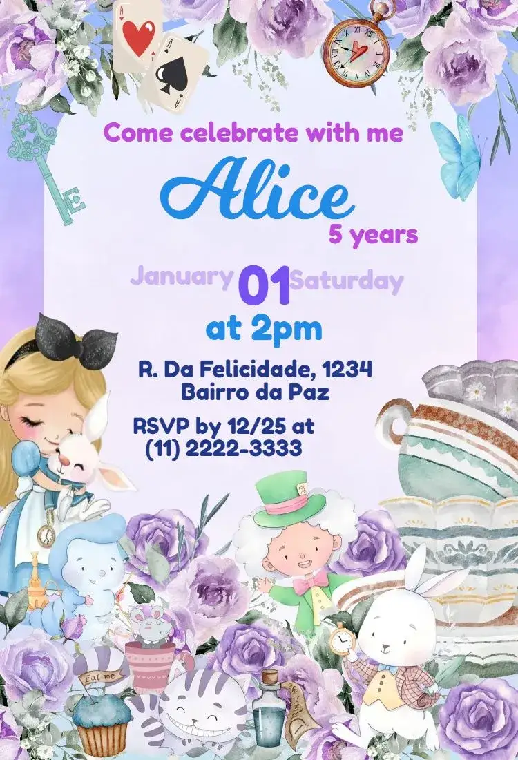 Invitation Alice in Lilac Wonderland – Most searched for theme lilac, costume party, classic illustrations, carnival of colors, playful graphic elements, vintage style