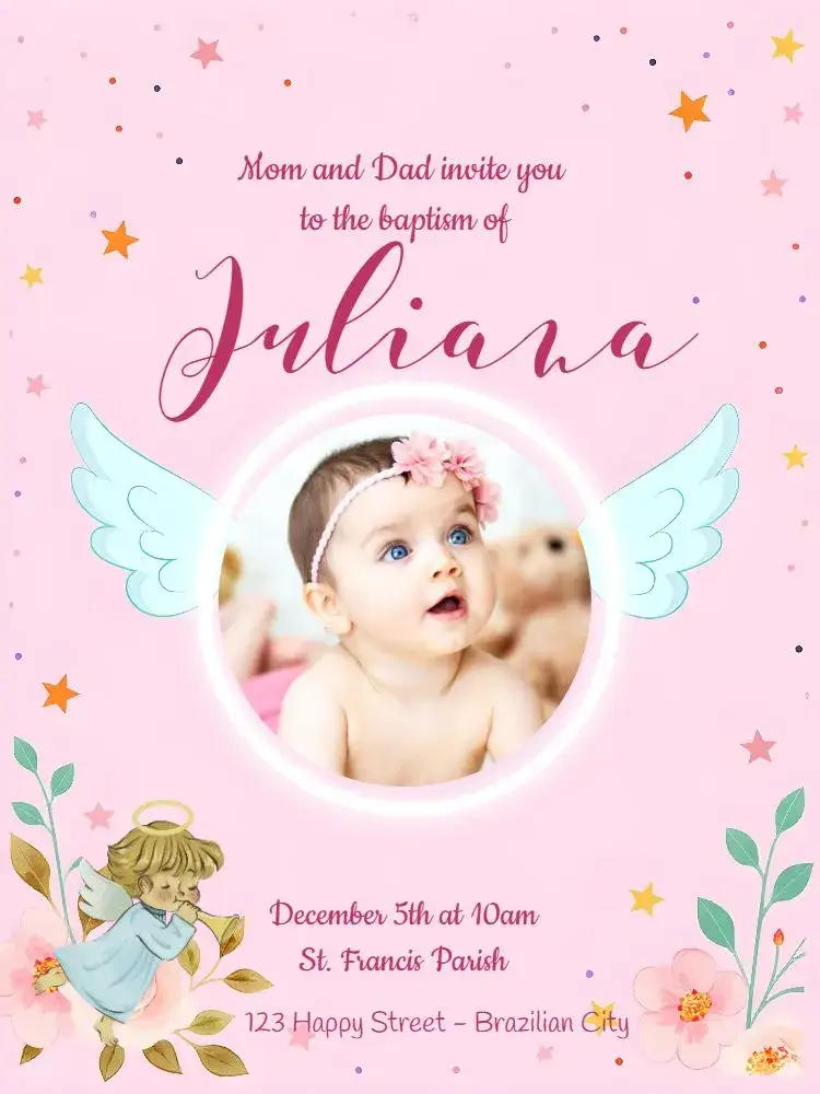 Invitation Blue Angel Baptism With Photo – Baptism theme blue and pink, delicate, childish, modern, minimalist, cute graphics