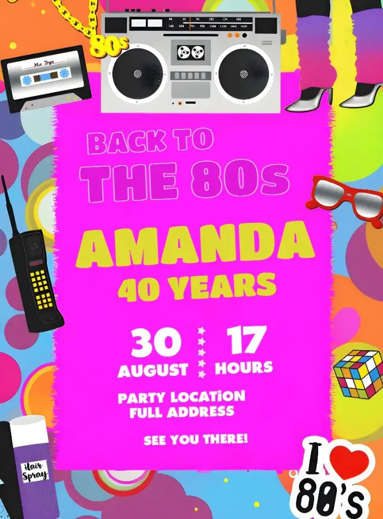 Invitation 80s Pink – Sweet 15 theme retro, vintage, colorful, fun, youthful