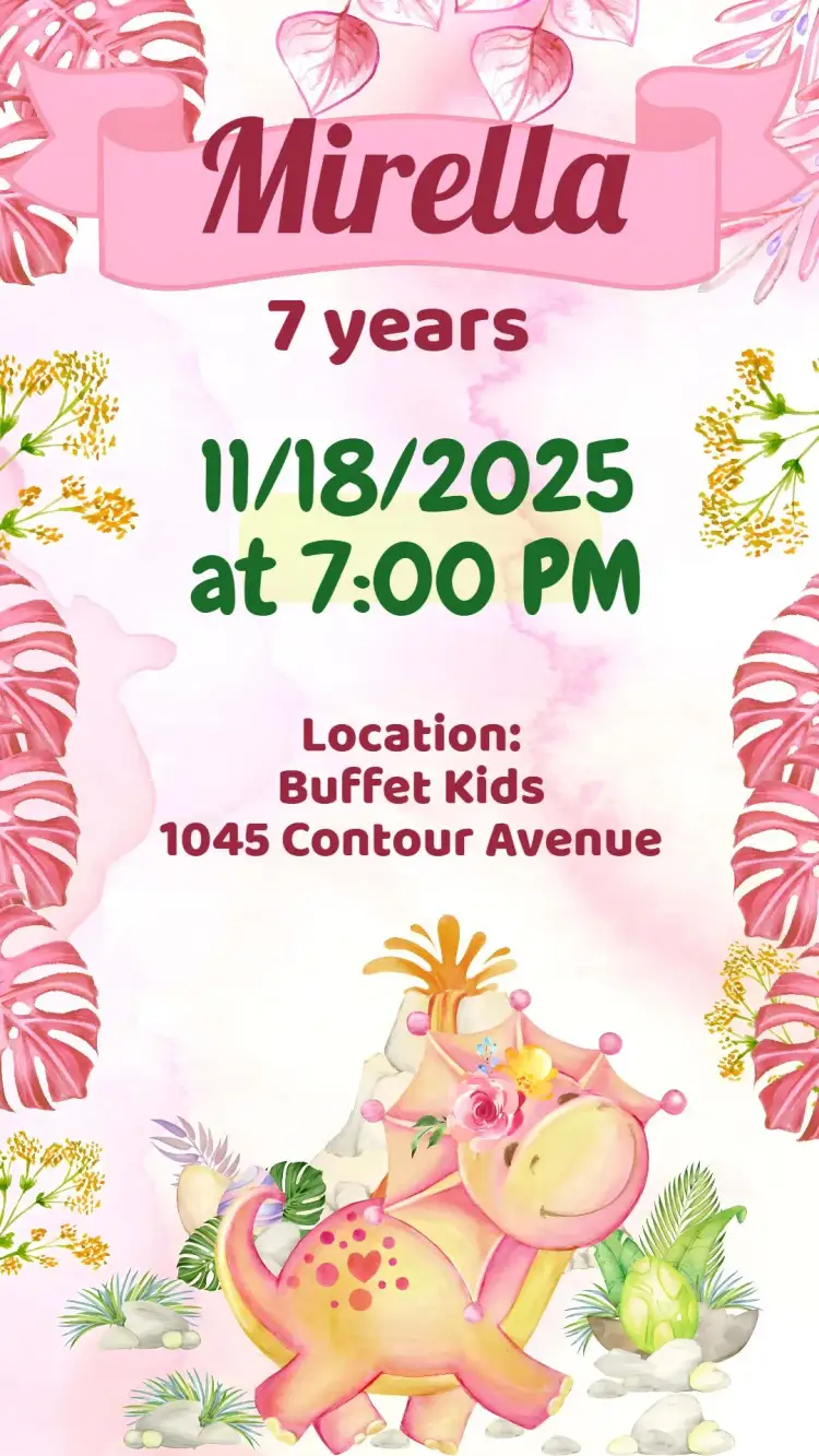 Invitation Dinosaur – Kids' Birthday Party theme pink, dinosaurs, colorful, fun, childlike, themed