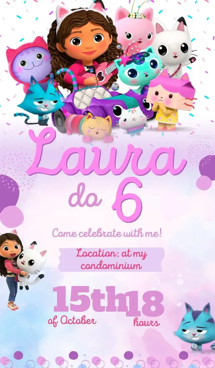 Invitation A Casa Mágica da Gabby – Kids' Birthday Party theme pink, lilac, magical, children's, fantasy, themed