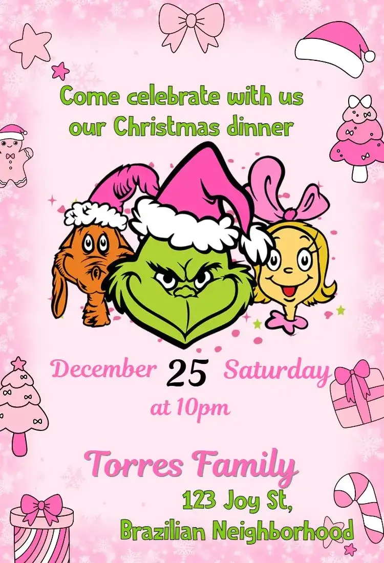 Invitation Christmas with Pink Grinch – Commemorative Dates theme fun, pink, Christmas-themed, modern, colorful, illustration