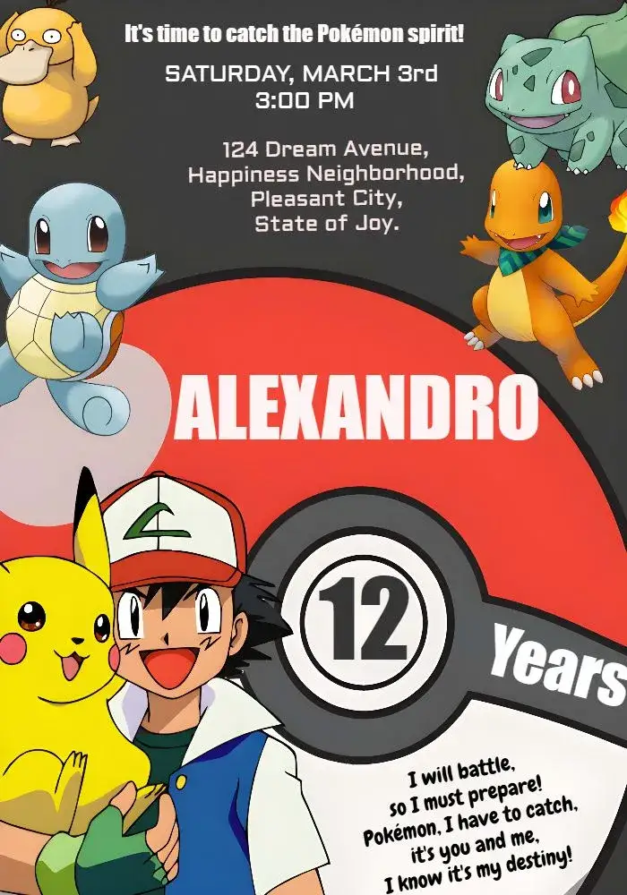 Invitation Pokemon – Most searched for theme colorful, fun, youthful, illustrative, thematic
