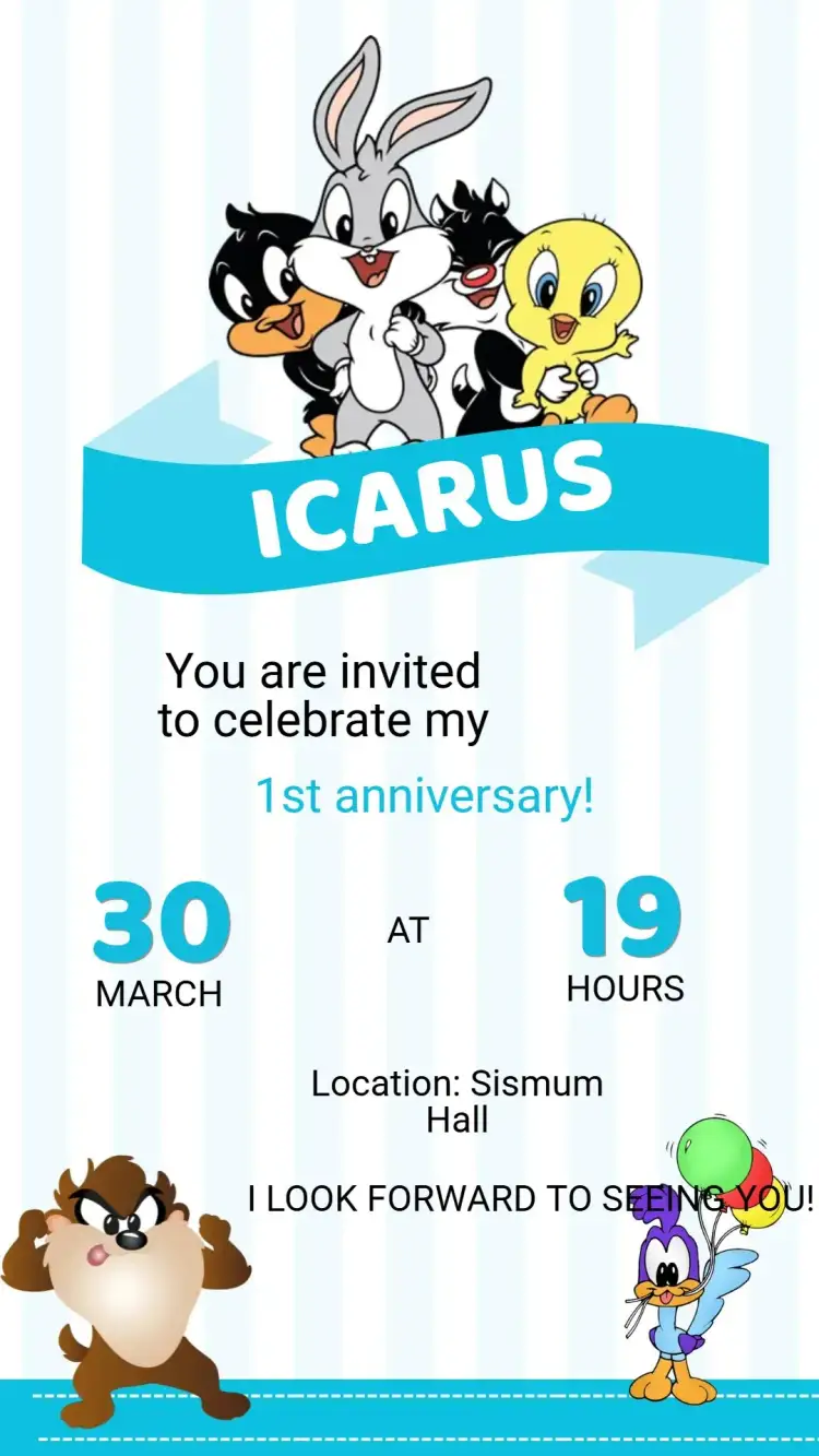 Invitation Baby Looney Tunes Birthday Invitation – Kids' Birthday Party theme colorful, fun, childish, themed, playful