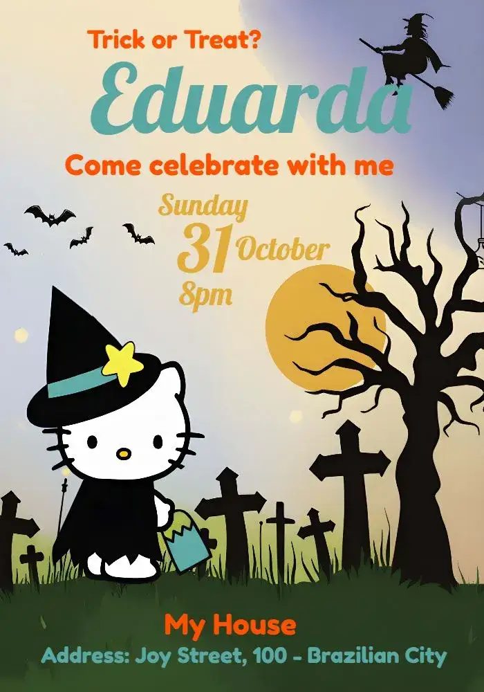 Invitation Hello Kitty Halloween Day – Commemorative Dates theme vibrant colors, playful style, Halloween graphic elements, cute and fun, colorful illustrations, modern design