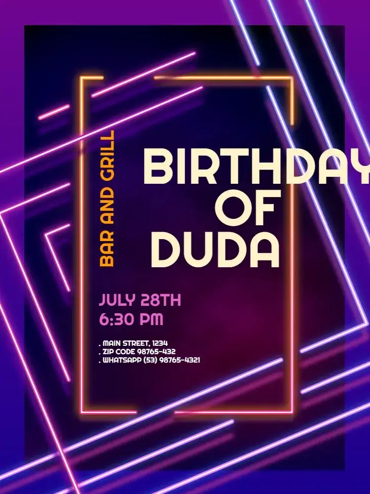 Invitation Neon Modern – Kids' Birthday Party theme neon, modern, dark, purple, orange, youthful