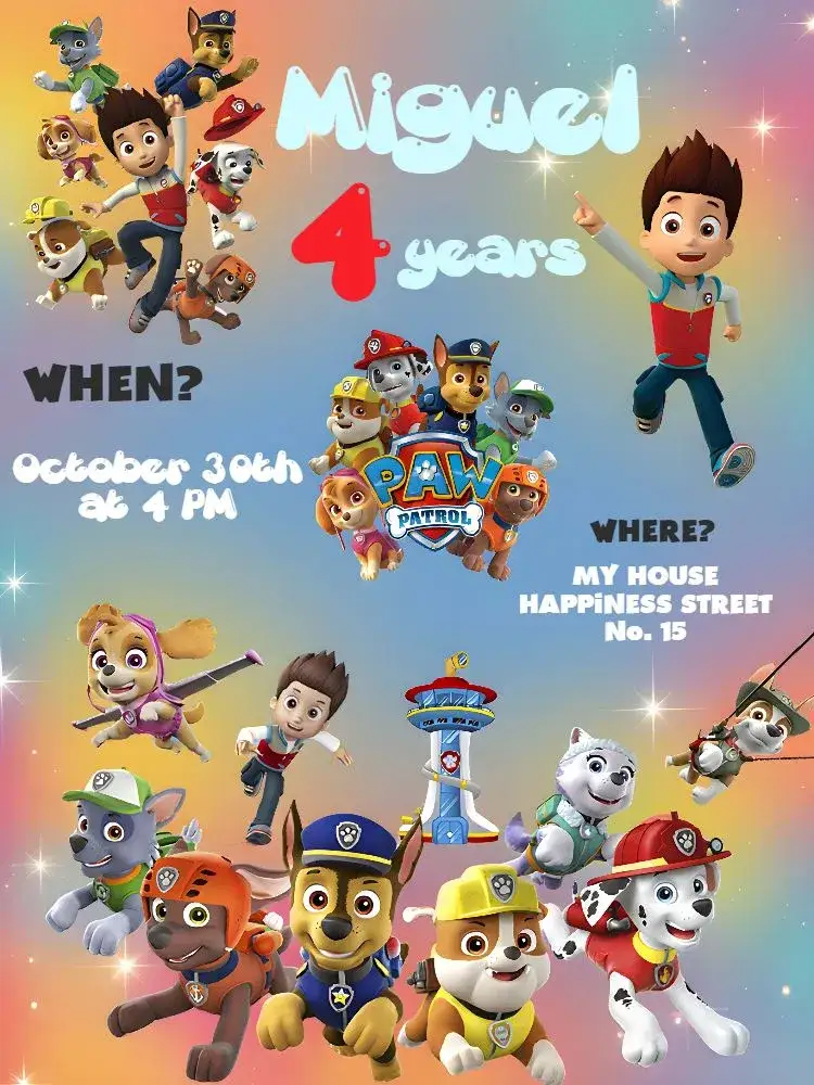 Invitation Blue Paw Patrol – Kids' Birthday Party theme blue, white, green, clouds, fun, themed