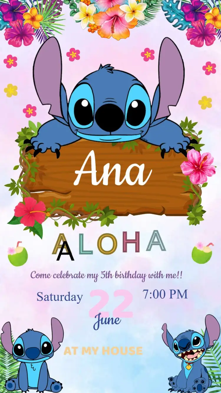 Invitation Stitch Birthday Invitation – Kids' Birthday Party theme tropical, colorful, fun, beach, Disney, Hawaiian