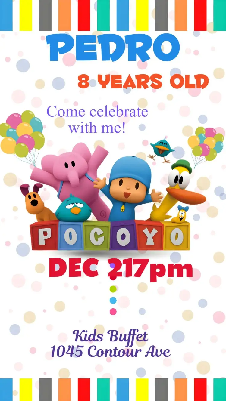 Invitation Pocoyo – Kids' Birthday Party theme colorful, fun, playful, childlike, animated characters
